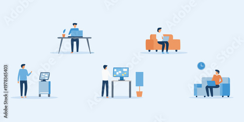 People working remotely in various comfortable and modern settings
