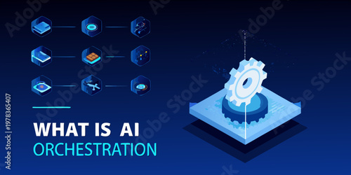 Artificial intelligence orchestration visualized with interconnected chip components