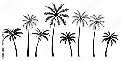 A collection of silhouetted palm trees against a white background
