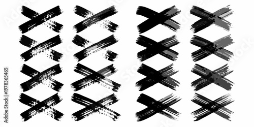 Abstract arrangement of black brushstroke crosses on a white background