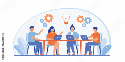 Team brainstorming session with laptops and innovative ideas represented visually