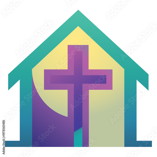 Minimalist Church House Icon with Purple Gradient Cross. A clean, geometric illustration of a house shape containing a large purple gradient cross.