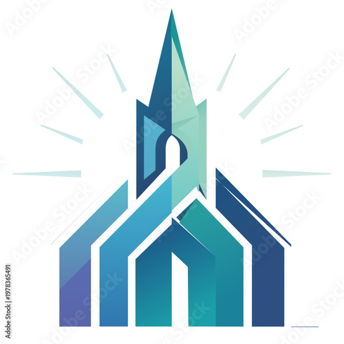 Stylized Blue Church Spire Illustration with Light Rays. The design features sharp lines and subtle light rays emanating from the spire, symbolizing divine presence and enlightenment.