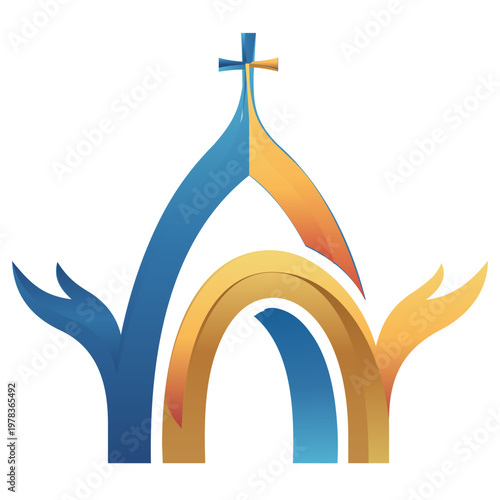 Abstract Church Arch with Reaching Hands and Cross Symbol. A powerful abstract illustration combining a church archway with two stylized hands reaching upwards, topped with a cross.