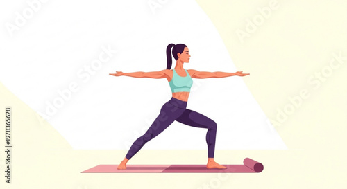 Woman in warrior ii yoga pose on pink mat with purple block side angle view serene atmosphere fitness and wellness concept