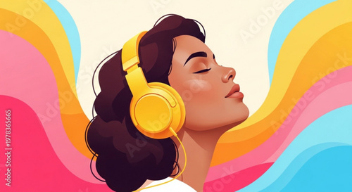 Woman wearing yellow headphones with eyes closed enjoying music on colorful abstract background