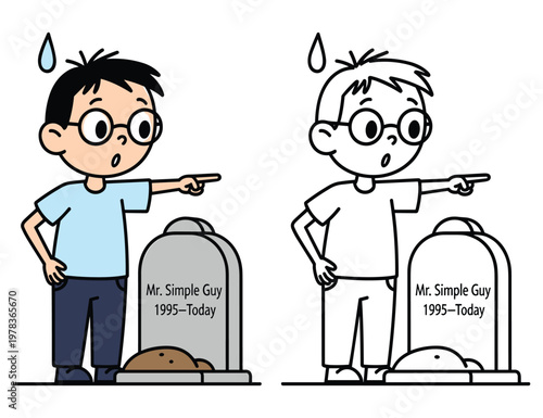 Cartoon boy pointing at a tombstone, concept of loss or end of an era.