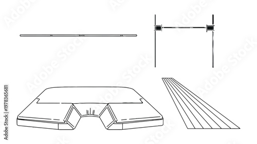 Architectural Elements: A minimalist blueprint showcasing a modular seating design and related architectural components, emphasizing clean lines and spatial organization. 