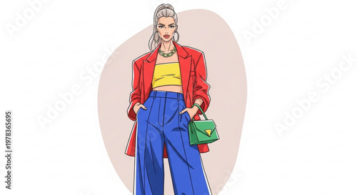 Fashionable woman in red blazer and blue jeans standing confidently with green handbag
