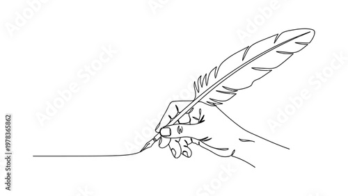 A hand holding a feather quill pen. Continuous line style. Hand drawn. Line art. Vector design. illustrations