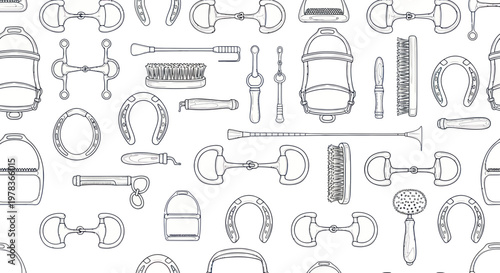 Equestrian Gear Pattern: Horse Bits, Horseshoes, Brushes - Hand Drawn Sketch