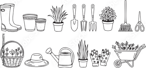 WebHand drawn set of gardening supplies including rubber boots terracotta pots potted houseplants trowel shovel rake broom scissors flower basket sun hat watering can protective gloves and a metal whe