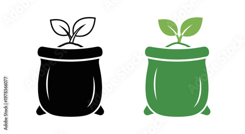 Plant sprout growing from soil in a sack icon, black and green, isolated on white background