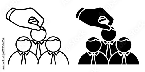 Linear icon. Hand of HR manager selects a suitable candidate for the vacant position. Simple black and white vector symbol isolated on white background