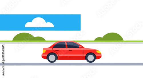 Red Sedan Car Driving on Road with Simple Landscape Background