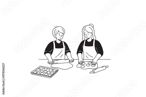 Mother and Daughter Cooking Together in Kitchen Preparing Food – Family Bonding Illustration for Healthy Lifestyle, Parenting, and Home Cooking Content