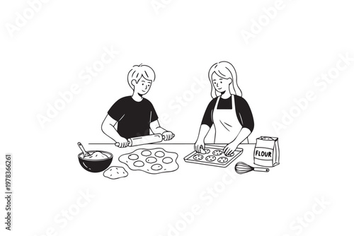 Mother and Daughter Cooking Together in Kitchen Preparing Food – Family Bonding Illustration for Healthy Lifestyle, Parenting, and Home Cooking Content