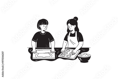 Mother and Daughter Cooking Together in Kitchen Preparing Food – Family Bonding Illustration for Healthy Lifestyle, Parenting, and Home Cooking Content