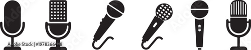 Vector graphic illustration of various microphone designs and types for audio equipment and music