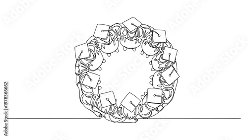 A circular arrangement of various wrapped gifts. Continuous line style. Hand drawn. Line art. Vector design. illustration