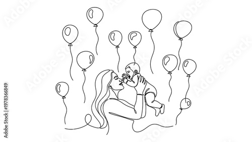 Romantic couple kissing with floating balloons. Continuous line style. Hand drawn. Line art. Vector design. illustration