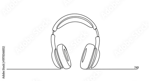 Minimalist single line drawing of headphones, symbolizing music, sound, and technology
