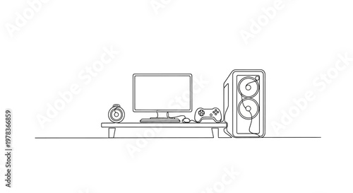 Minimalist Gaming Setup: Desktop Computer, Monitor, Controller, and Alarm Clock on Shelf