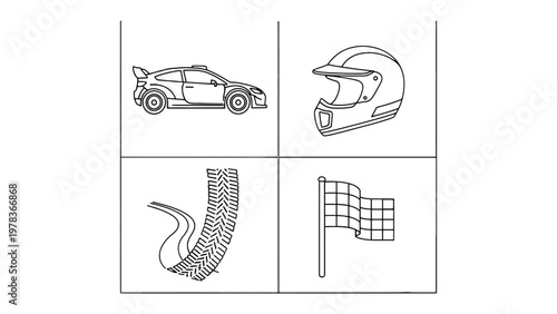 Racing Elements Illustration: A stylized illustration showcases essential racing elements, including a rally car, a helmet, a tire track, and a checkered flag.
