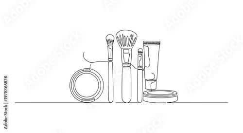 Minimalist Line Art Drawing of Makeup Brushes and Cosmetics on White Background
