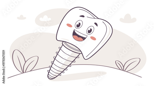 Ultra-realistic smiling tooth character with a cartoon-style implant screw body, expressive and friendly design.