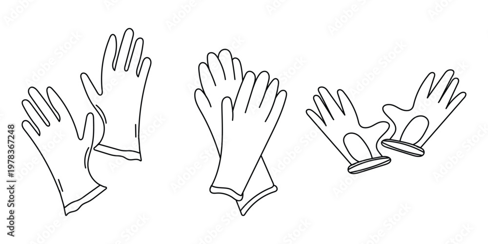 Fototapeta premium Gloves outline set illustration, protective safety gloves line art collection, minimal hand drawn cleaning gloves icons