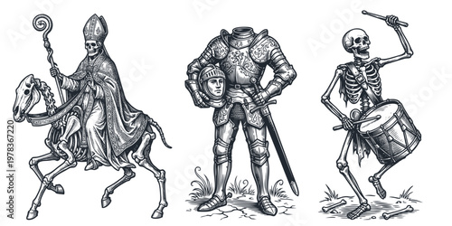 Vector illustration set of a skeletal bishop on horseback, a headless knight in armor, and a drumming skeleton. Dark medieval memento mori concept art.