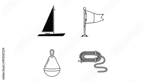 Sailing Icons: Set of sailing icons illustrating the essential elements of sailing, from the sleek silhouette of a sailboat to navigational buoys.