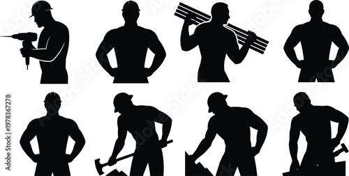 "Construction worker silhouettes performing various tasks with tools, manual labor poses, industrial strength, teamwork, effort, building, repair, maintenance"