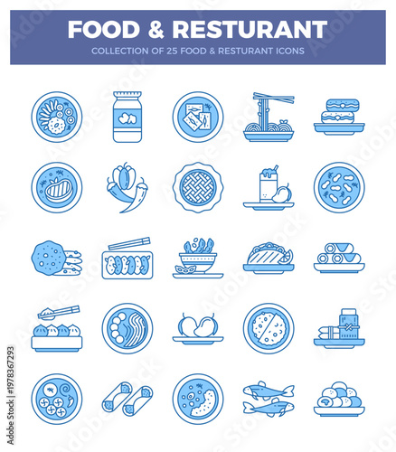 blue and white food and restaurant icons on white background.