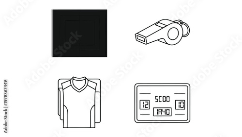 Sports Illustrated: A collection of sports-themed icons including the score board, the referee whistle, sports jersey and dark square for design elements