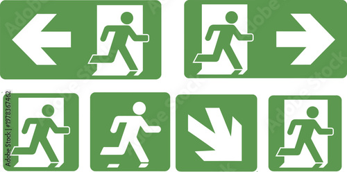 Emergency exit sign set, collection of safety exit symbols with running man arrows door icons and evacuation direction signs for building safety and emergency guidance.