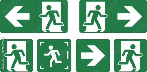 Emergency exit sign set, vector collection of green safety exit icons including directional arrows running man symbols and evacuation signage for public spaces.