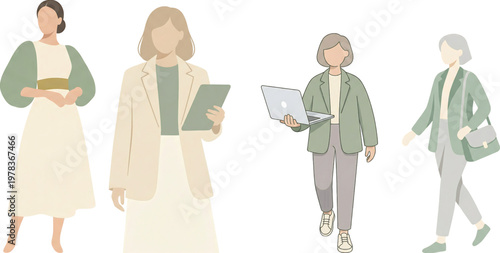 illustration of four women in green and beige outfits with modern mini