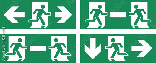 Emergency exit sign set, modern safety signage collection featuring exit arrows running figure icons and emergency evacuation symbols for workplace and building use.