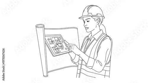 Construction worker examining building plans. Continuous line style. Hand drawn. Line art. Vector design. illustration