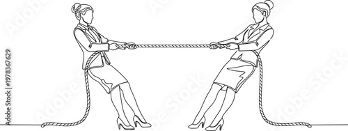 Continuous Line Art Illustration of Two Businesswomen Playing Tug of War Symbolizing Corporate Competition Conflict Rivalry and Professional Strength Vector