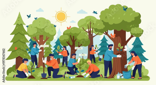 Tree Planting and Environmental Conservation Community Illustration