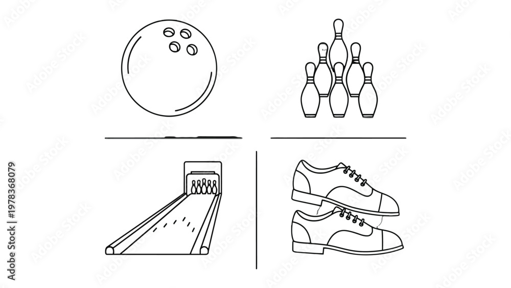 Fototapeta premium Bowling Elements: An illustration presents key components of the sport, including a bowling ball, bowling pins arranged in a triangle, a bowling lane, and bowling shoes.