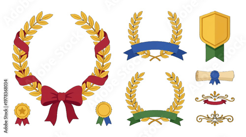 Decorative award symbols and emblems in bright colors on a white background for celebrations and achievements