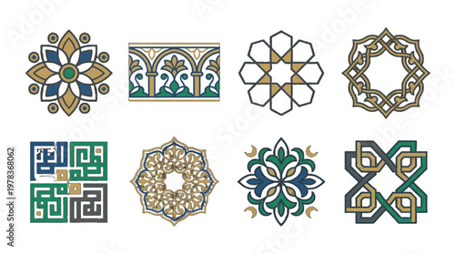 Different decorative patterns are displayed in various shapes and colors showing cultural influences in artwork design from various regions