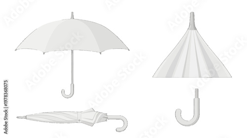 Different views of a white umbrella showing open and closed positions during daylight