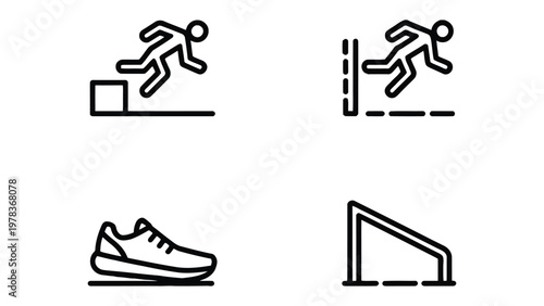 Parkour and Sports Icons: A collection of minimalist icons featuring a person performing parkour moves, including jumping over an obstacle, vaulting, and utilizing specialized equipment.