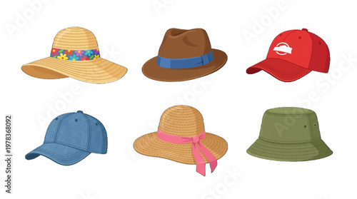 Variety of hats displayed on a white background for fashion and outdoor activities