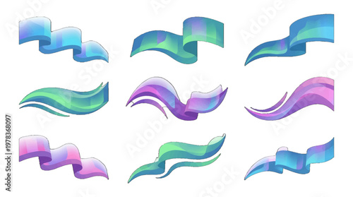 Colorful wave designs in shades of blue and green displayed in various shapes and styles for creative purposes